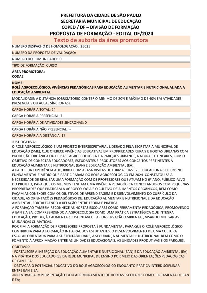 Proposta formativa homologada pela SME