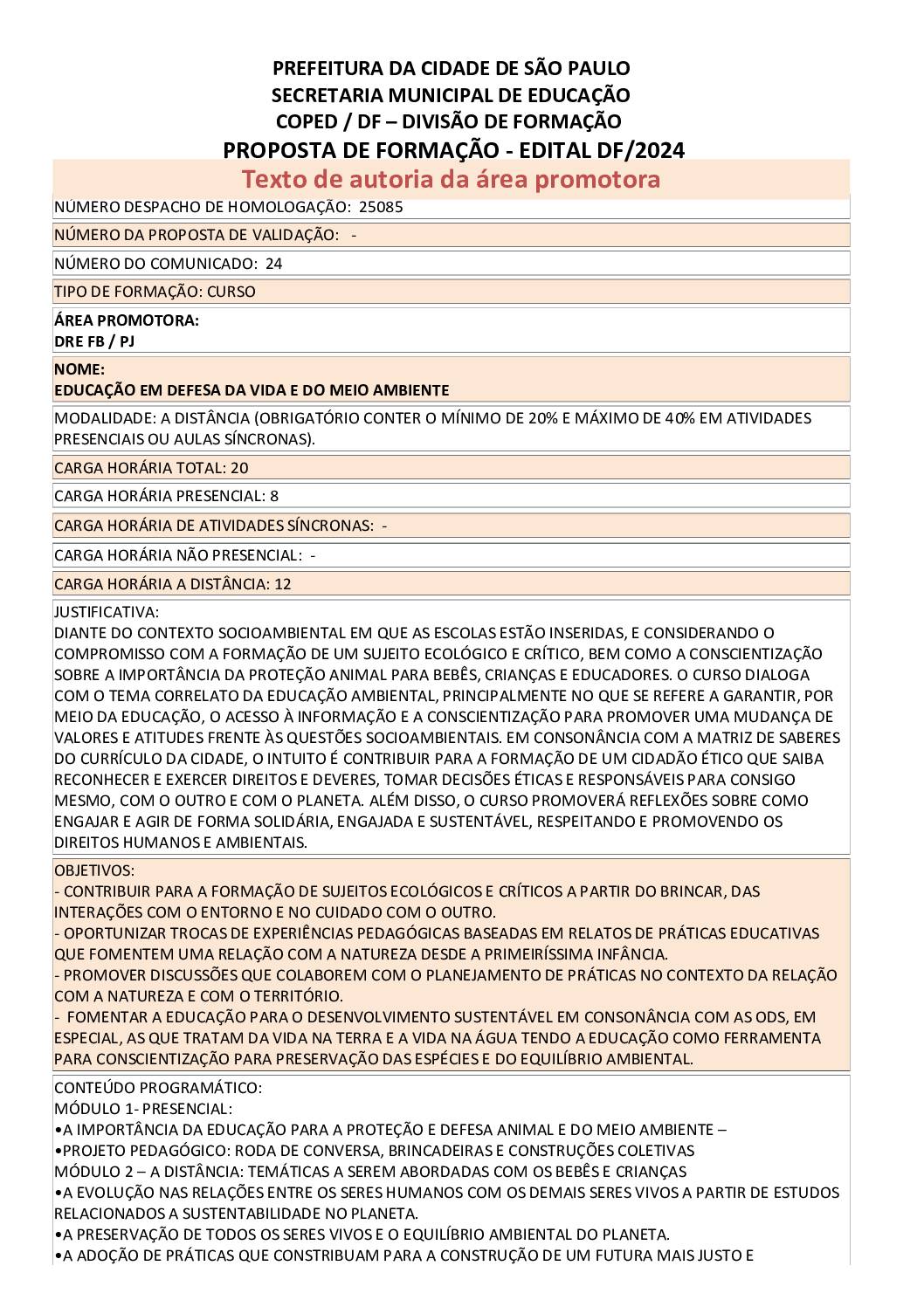 Proposta formativa homologada pela SME