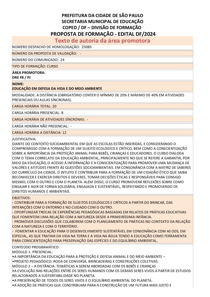 Proposta formativa homologada pela SME