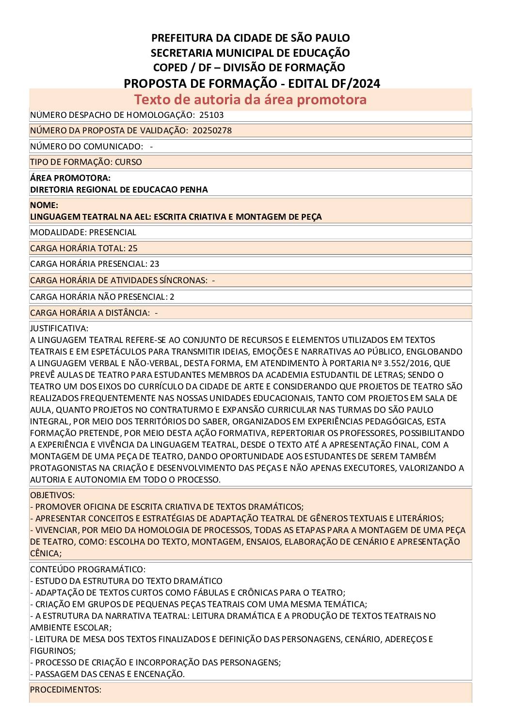 Proposta formativa homologada pela SME