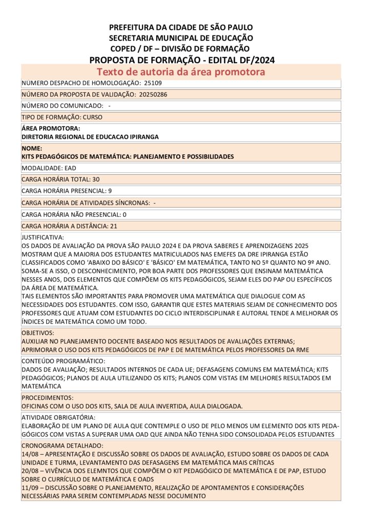 Proposta formativa homologada pela SME