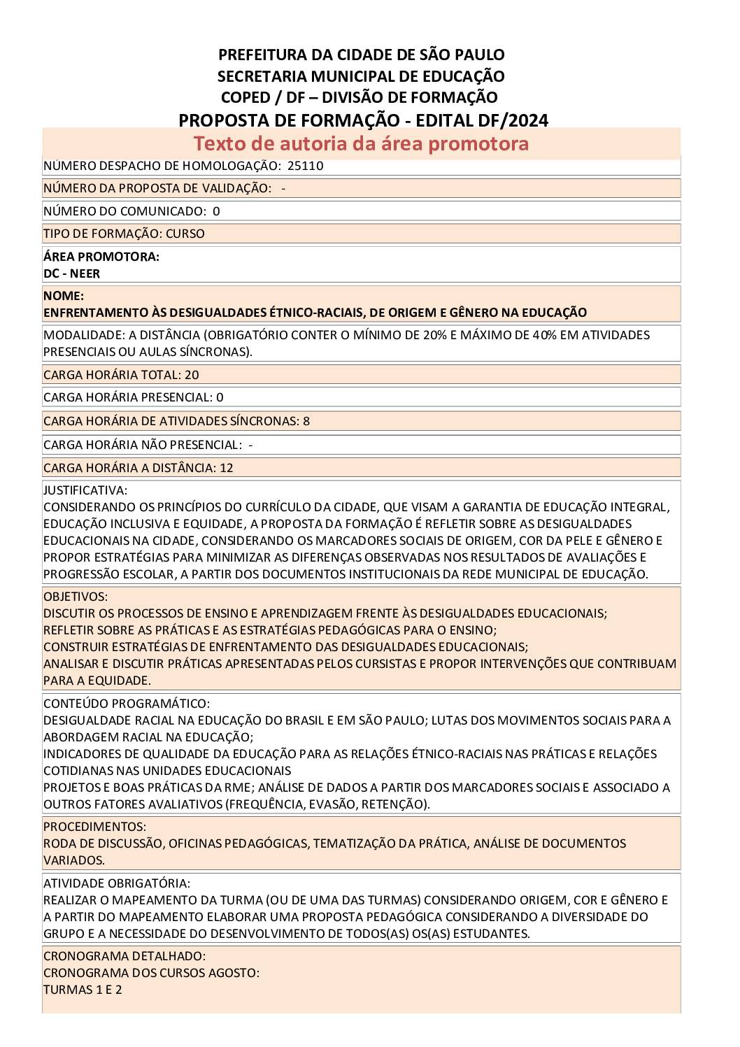 Proposta formativa homologada pela SME
