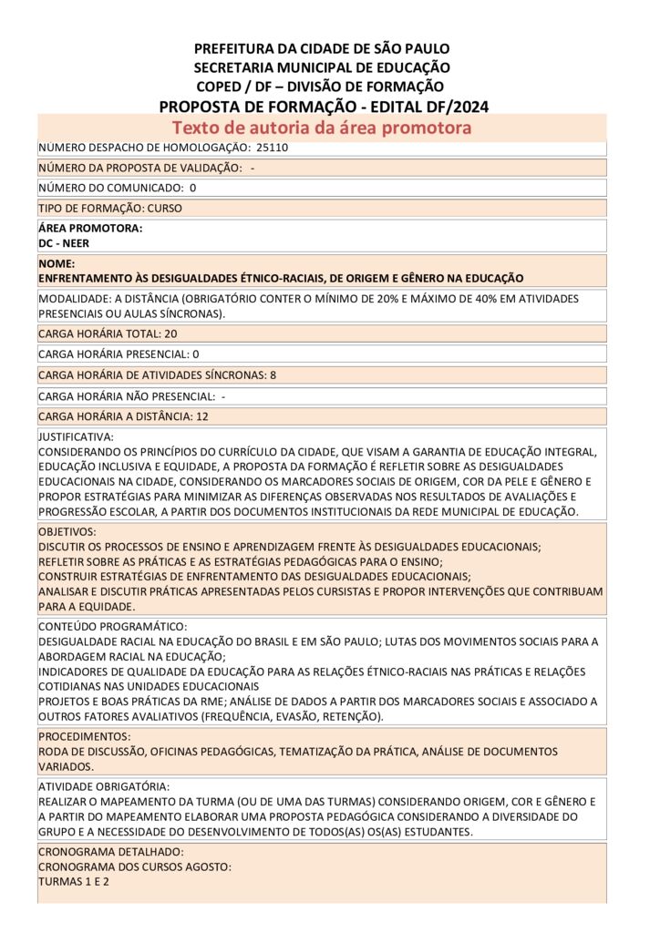 Proposta formativa homologada pela SME