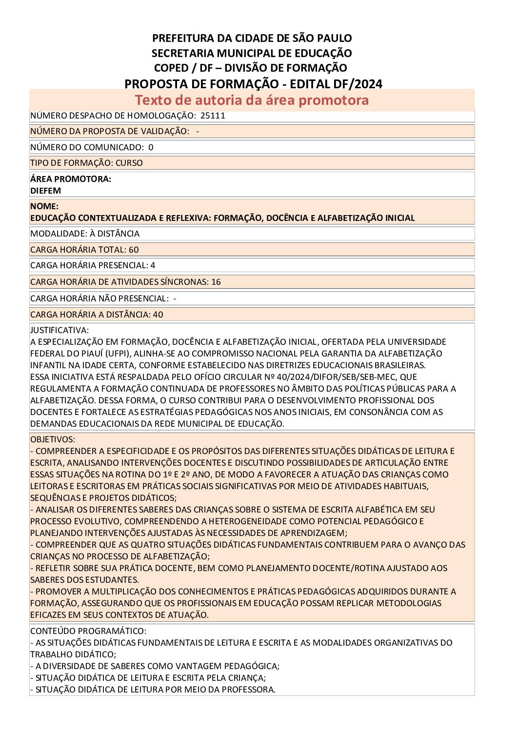 Proposta formativa homologada pela SME