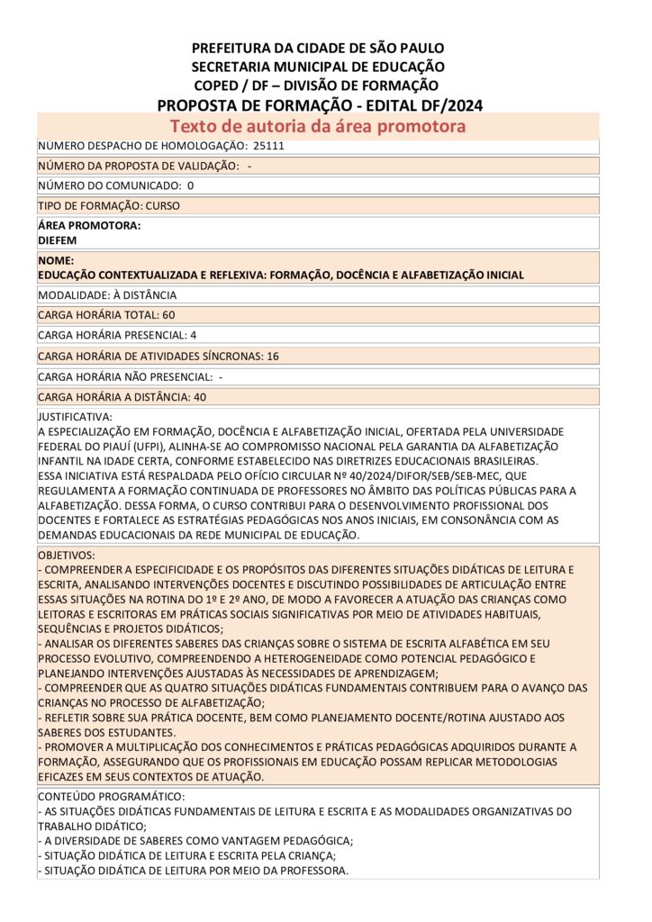 Proposta formativa homologada pela SME