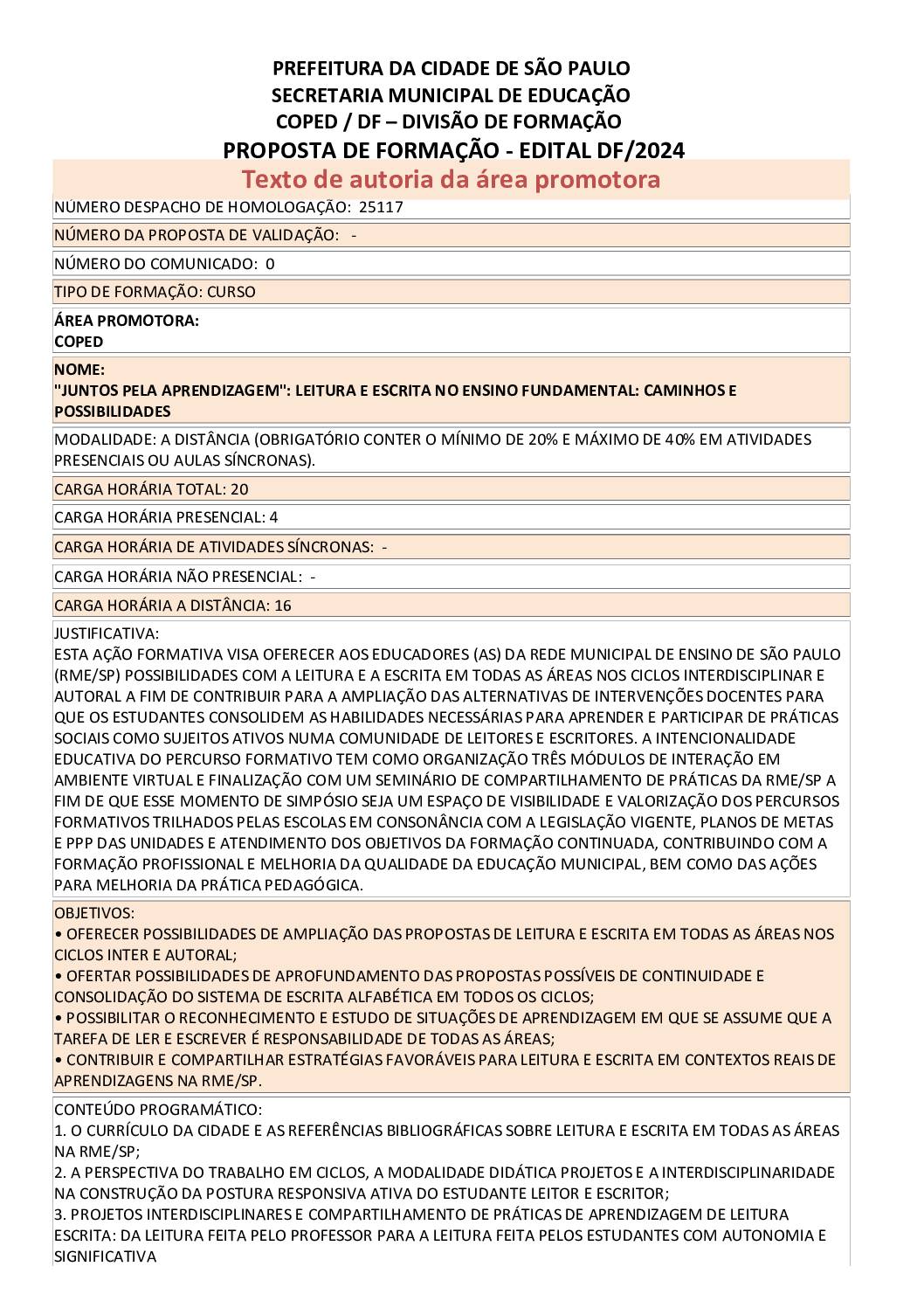 Proposta formativa homologada pela SME