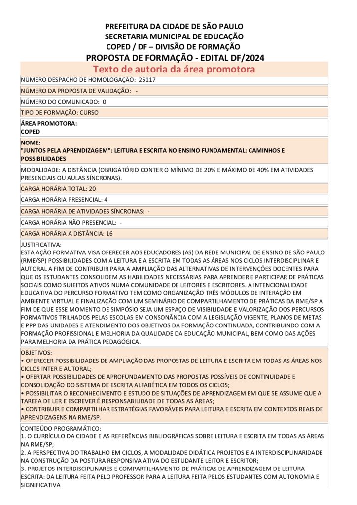 Proposta formativa homologada pela SME