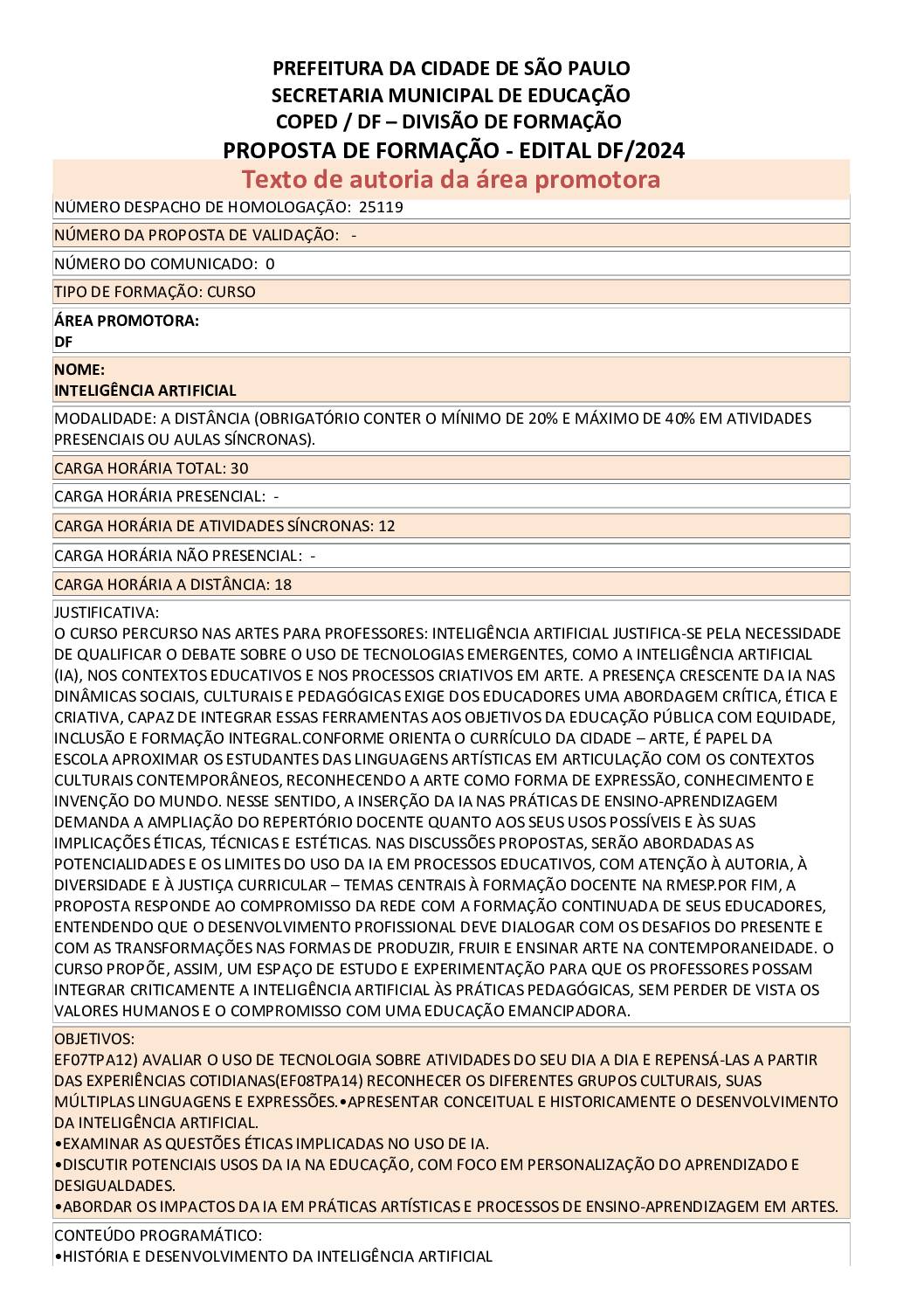 Proposta formativa homologada pela SME