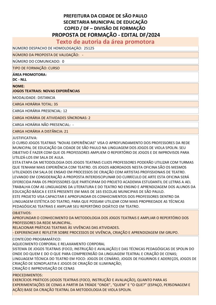 Proposta formativa homologada pela SME