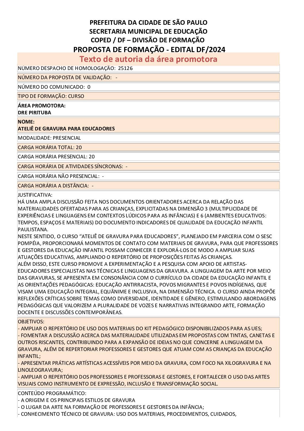 Proposta formativa homologada pela SME