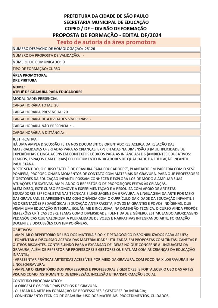 Proposta formativa homologada pela SME