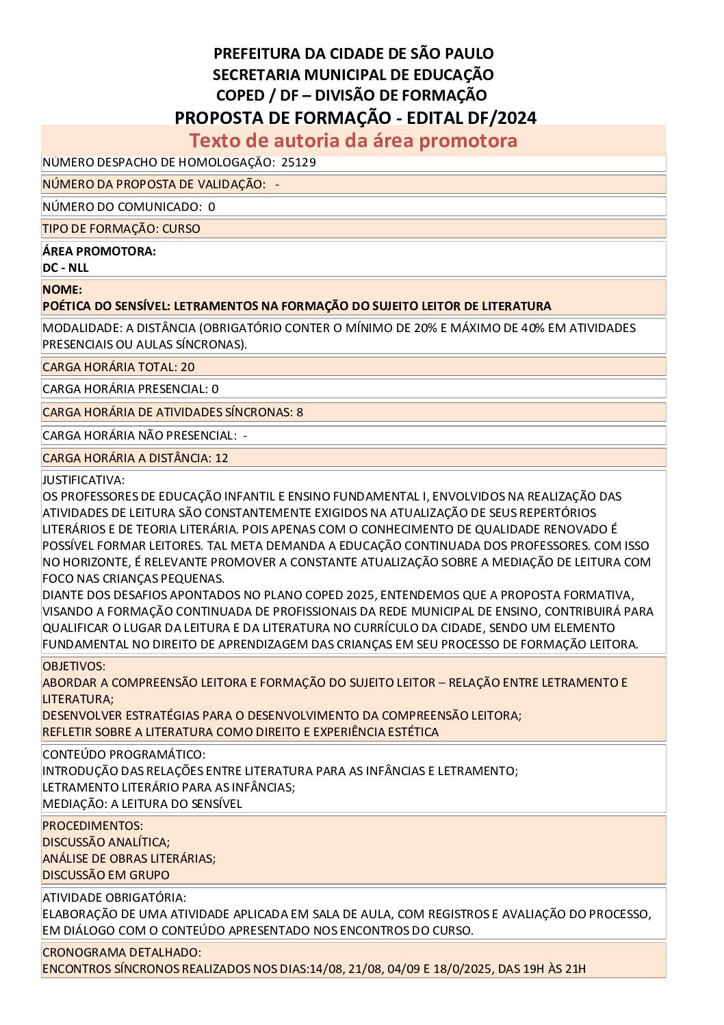 Proposta formativa homologada pela SME