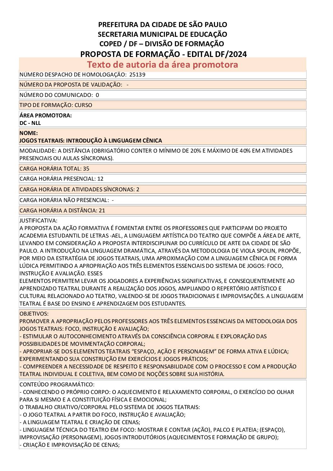 Proposta formativa homologada pela SME