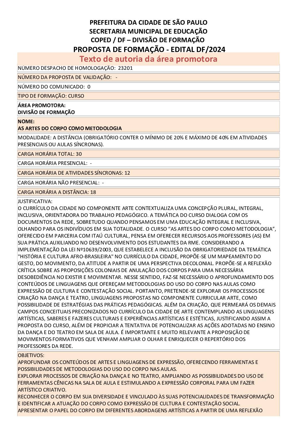 Proposta formativa homologada pela SME