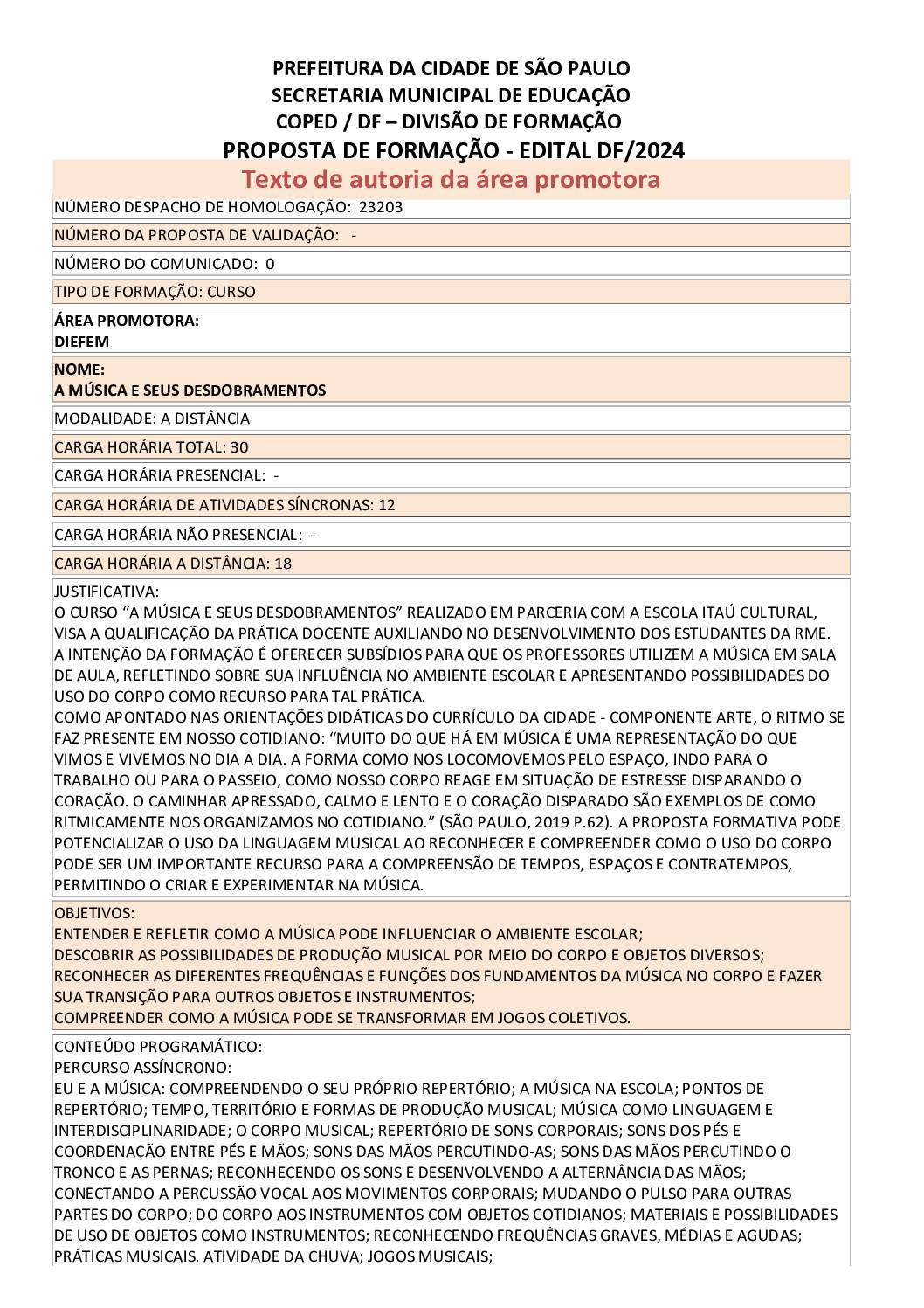 Proposta formativa homologada pela SME
