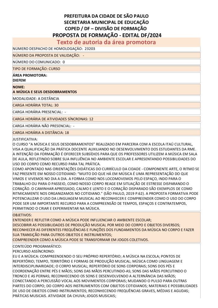 Proposta formativa homologada pela SME