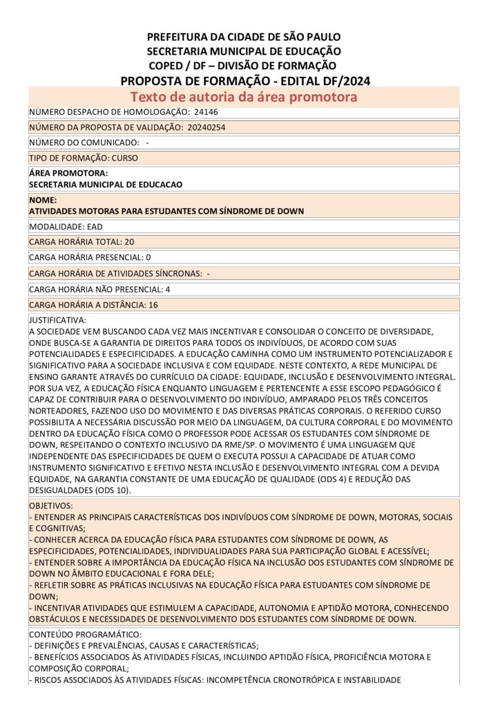 Proposta formativa homologada pela SME