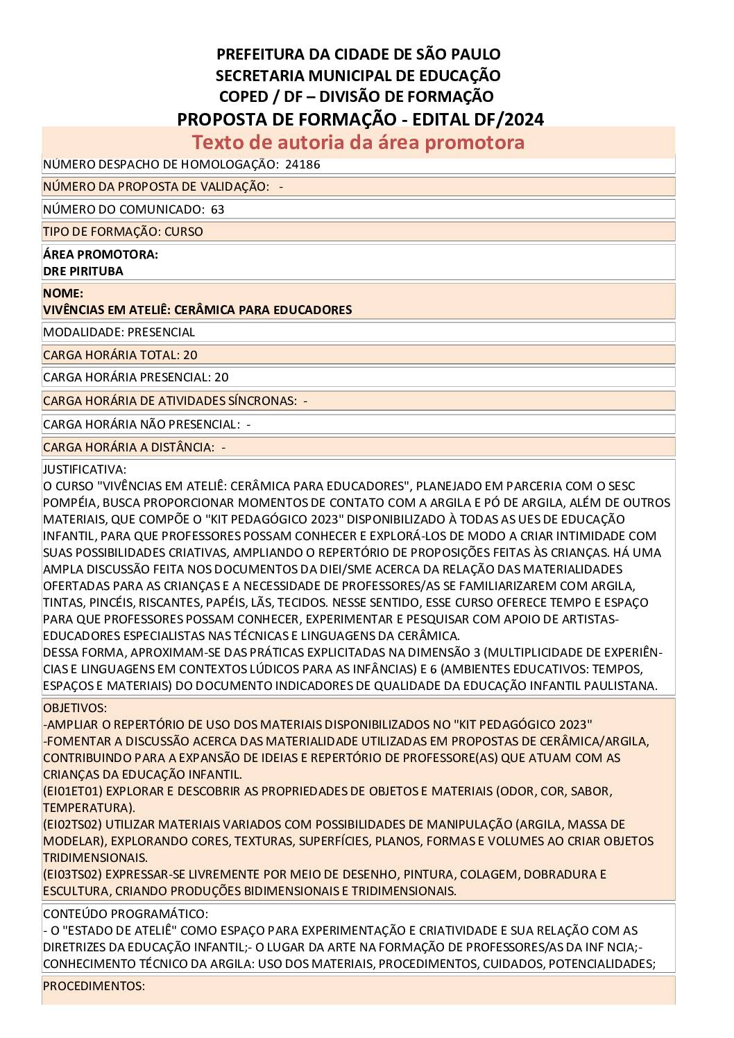 Proposta formativa homologada pela SME