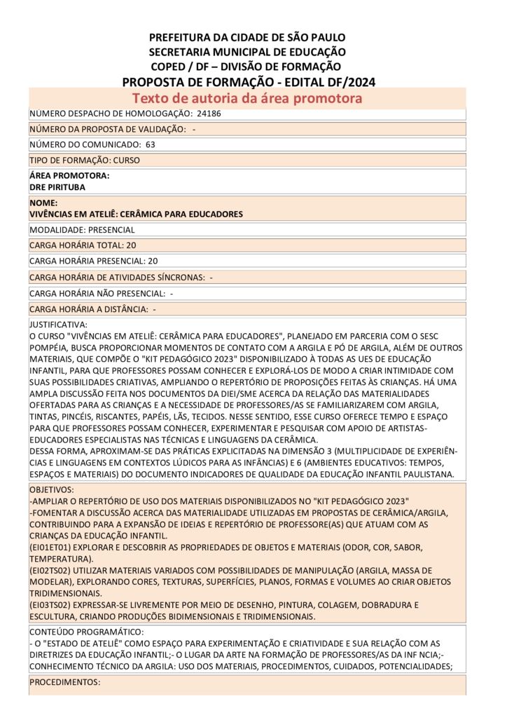 Proposta formativa homologada pela SME