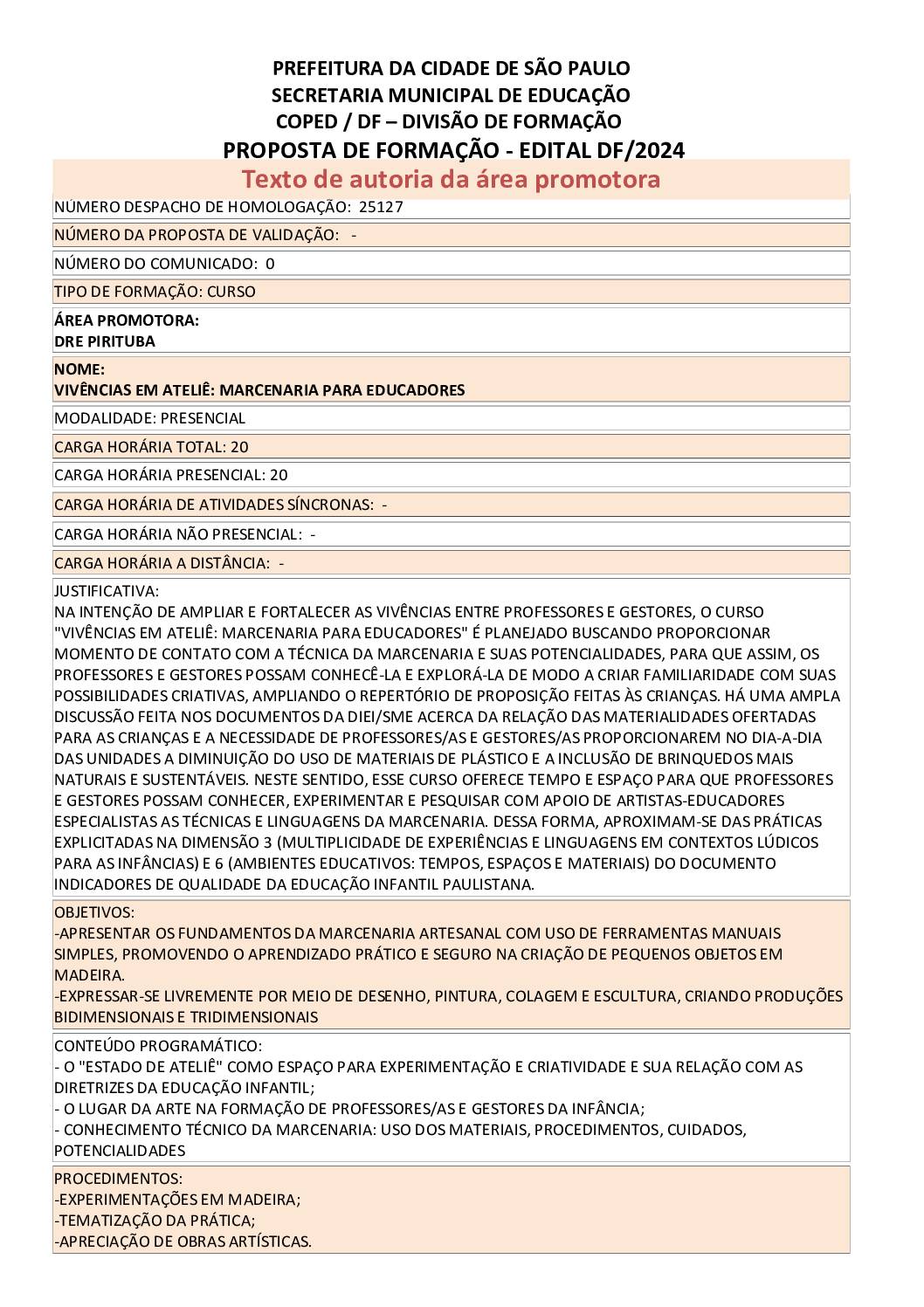 Proposta formativa homologada pela SME
