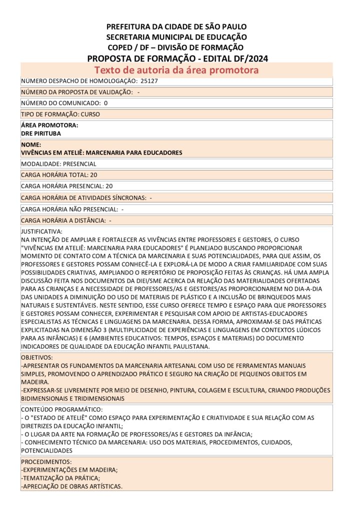 Proposta formativa homologada pela SME