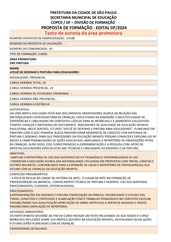 Proposta formativa homologada pela SME.