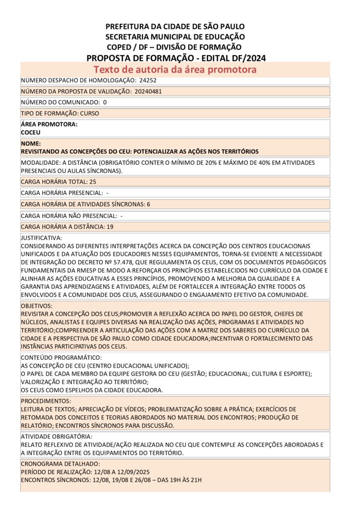 Proposta formativa homologada pela SME.