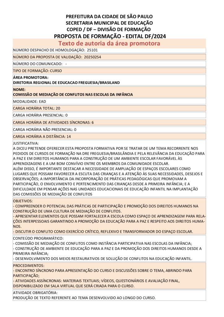 Proposta formativa homologada pela SME.