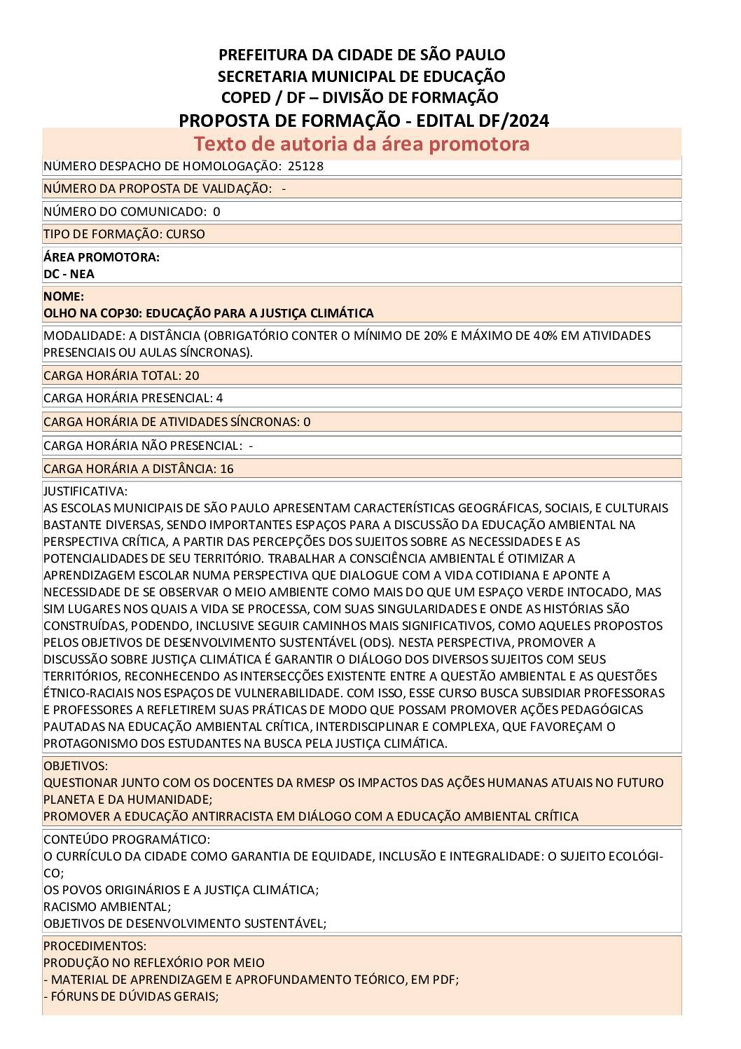 Proposta formativa homologada pela SME.