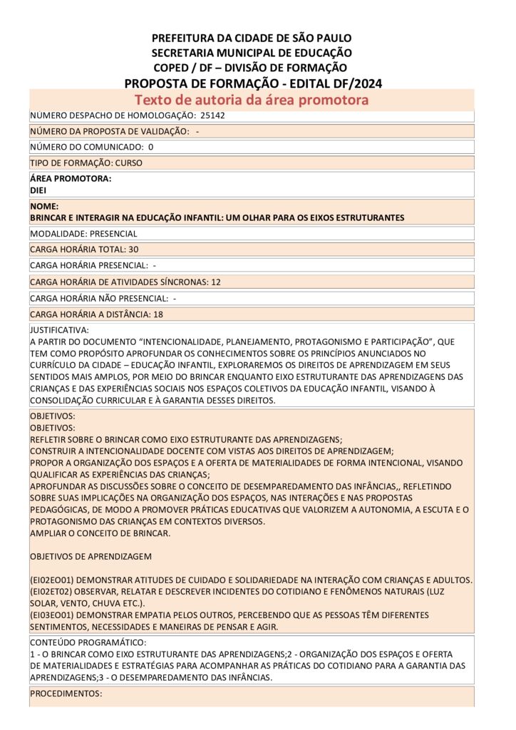 Proposta formativa homologada pela SME.