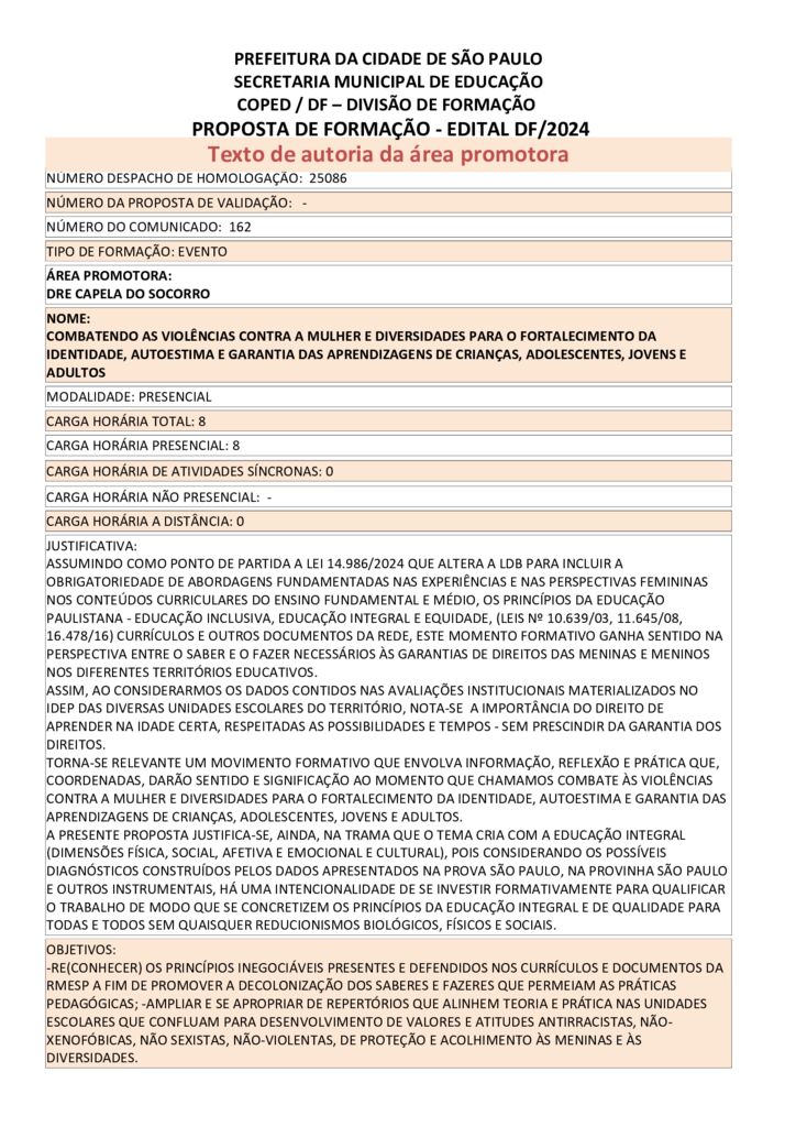 Proposta formativa homologada pela SME.