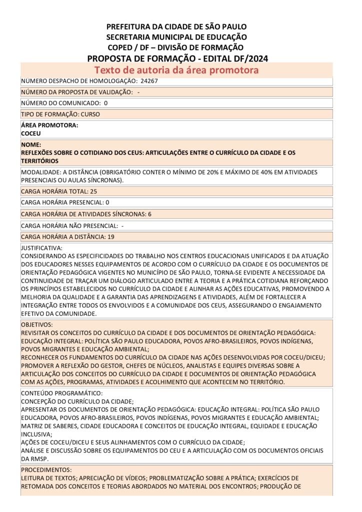 Proposta formativa homologada pela SME.