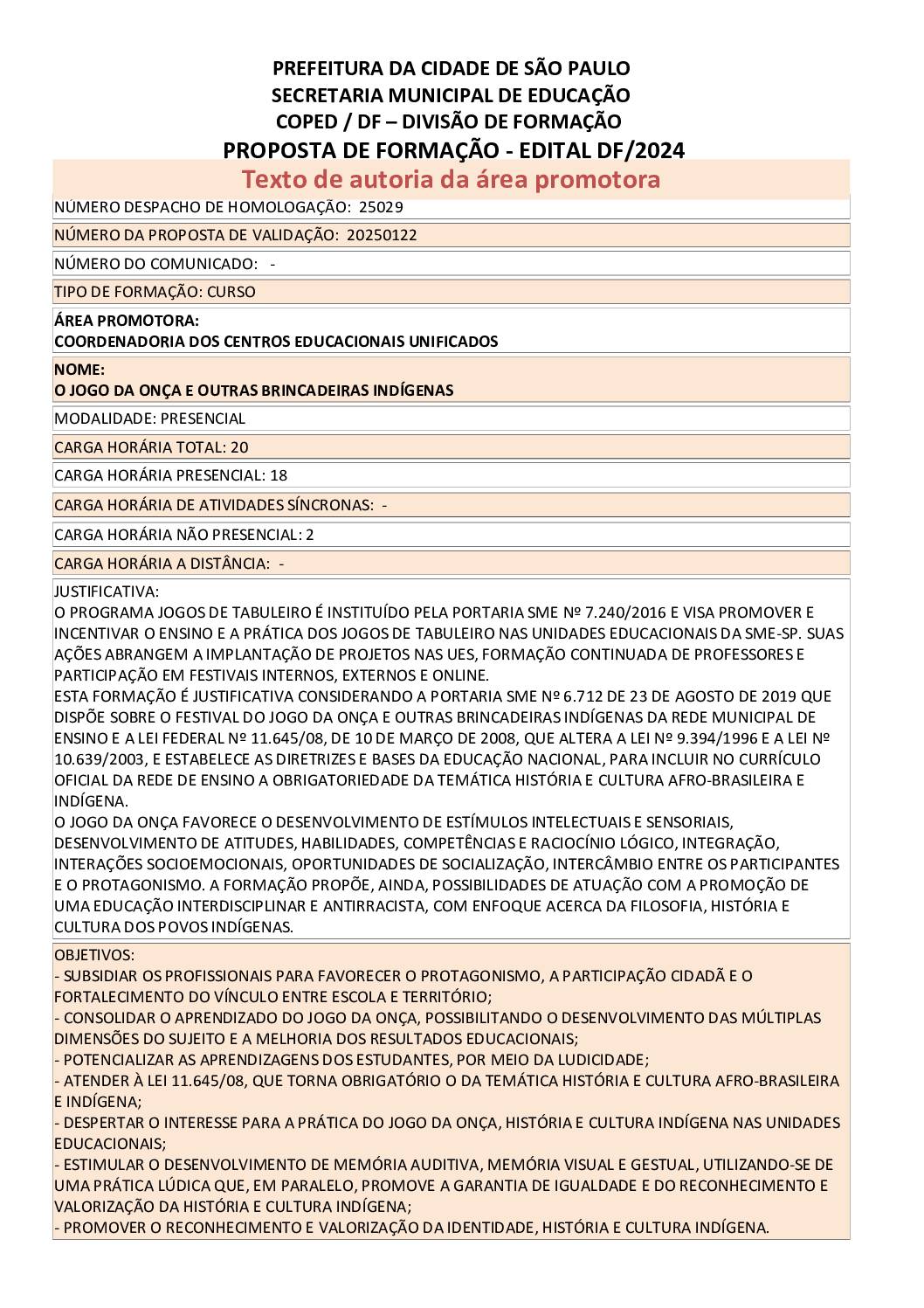 Proposta formativa homologada pela SME.