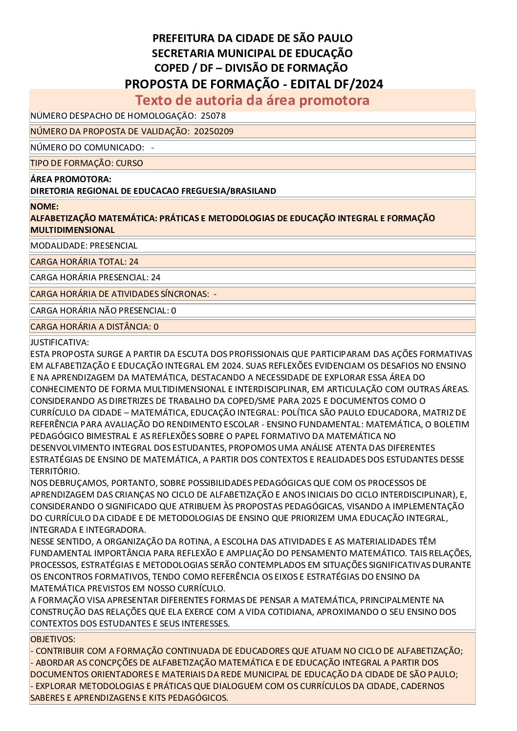 Proposta formativa homologada pela SME.