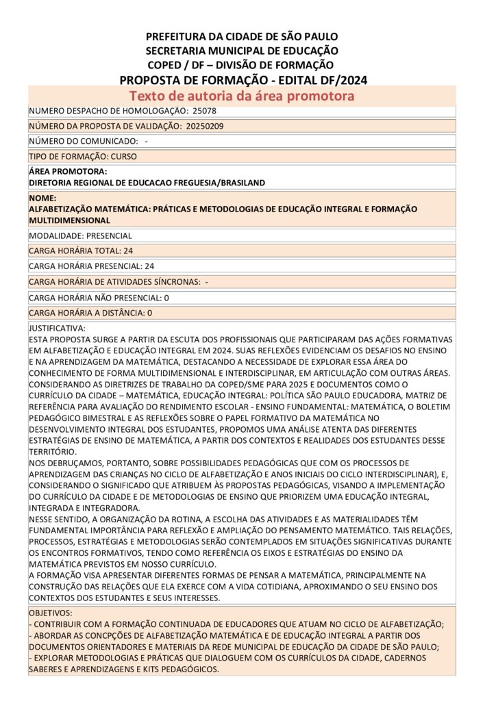 Proposta formativa homologada pela SME.
