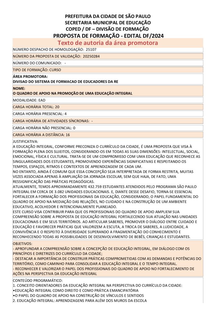 Proposta formativa homologada pela SME.