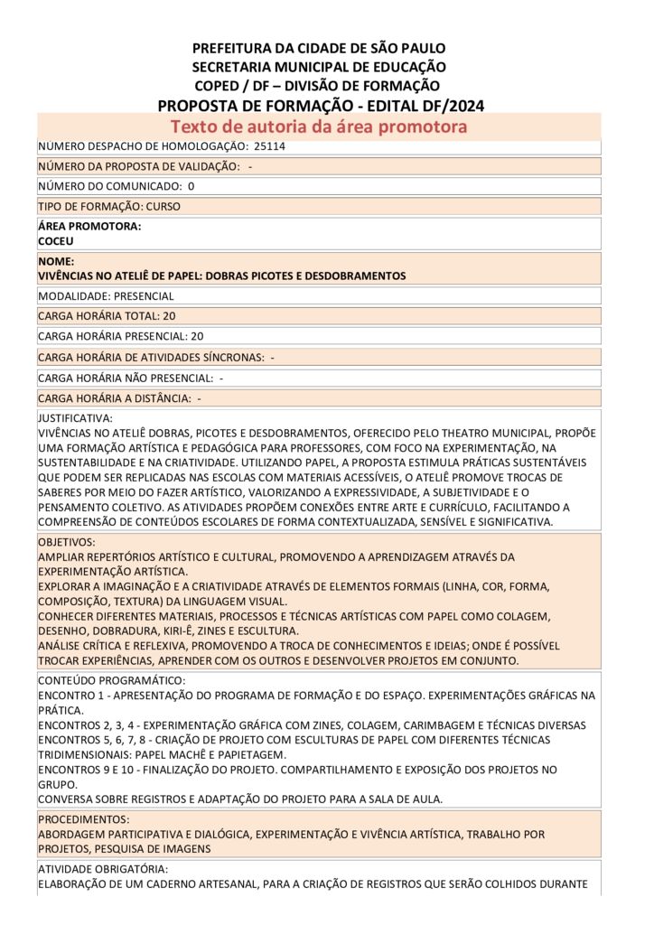 Proposta formativa homologada pela SME.