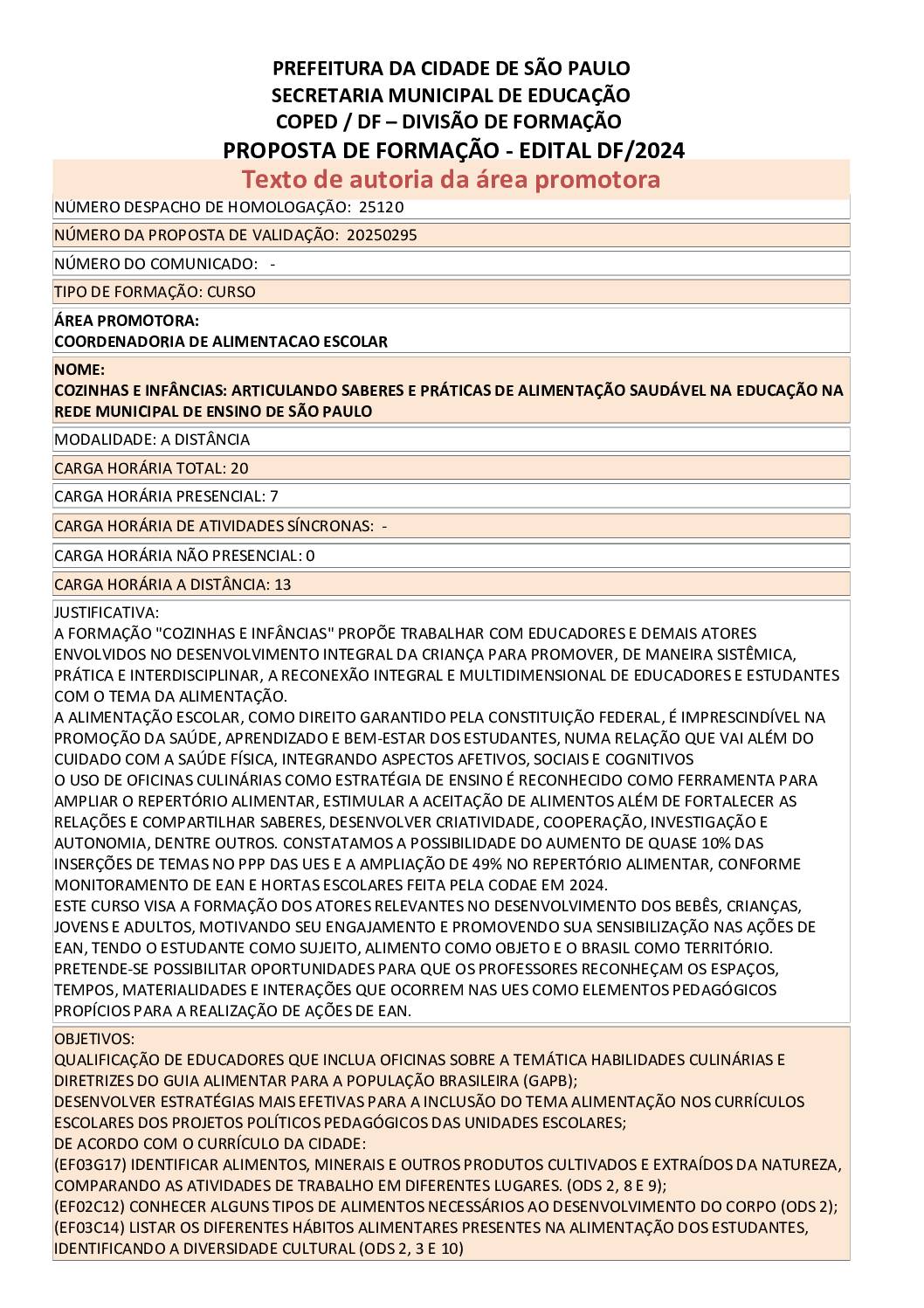 Proposta formativa homologada pela SME.