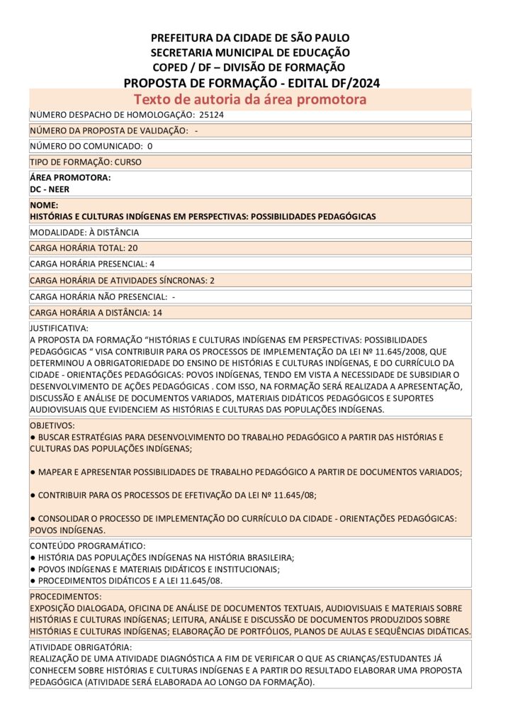 Proposta formativa homologada pela SME.