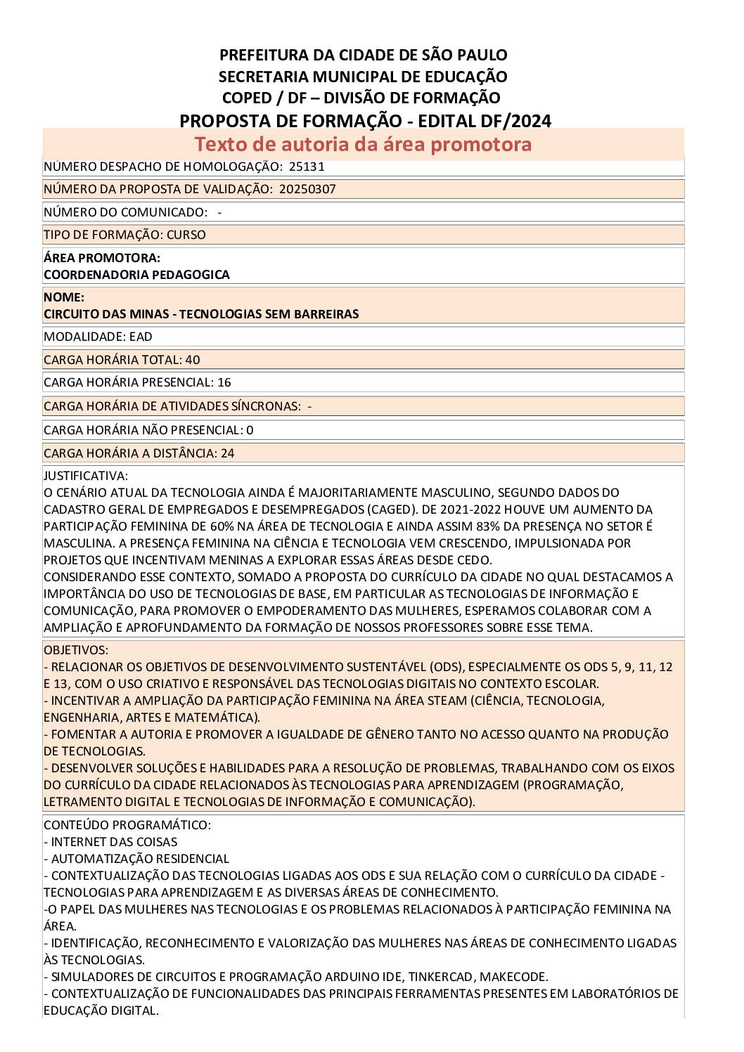 Proposta formativa homologada pela SME.
