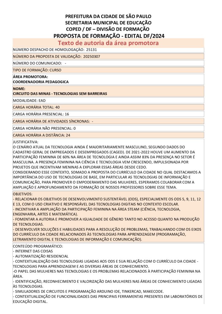 Proposta formativa homologada pela SME.