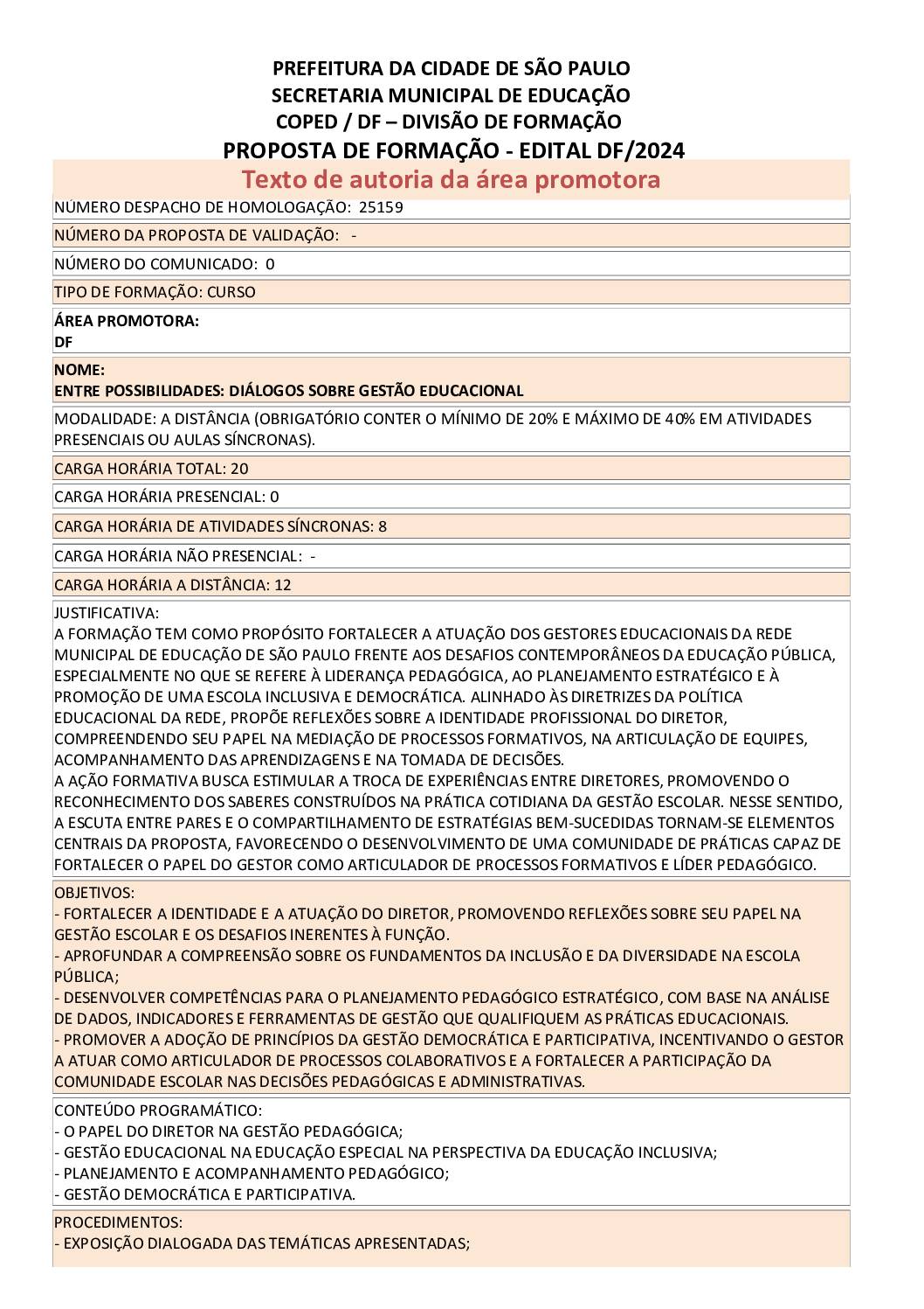 Proposta formativa homologada pela SME