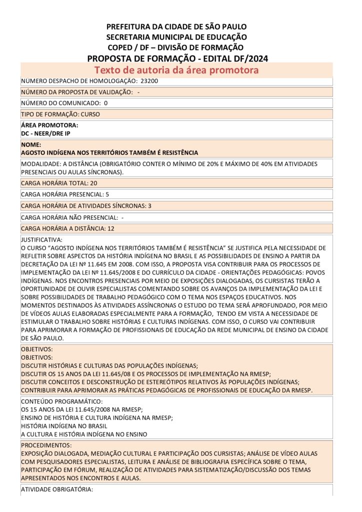 Proposta formativa homologada pela SME.