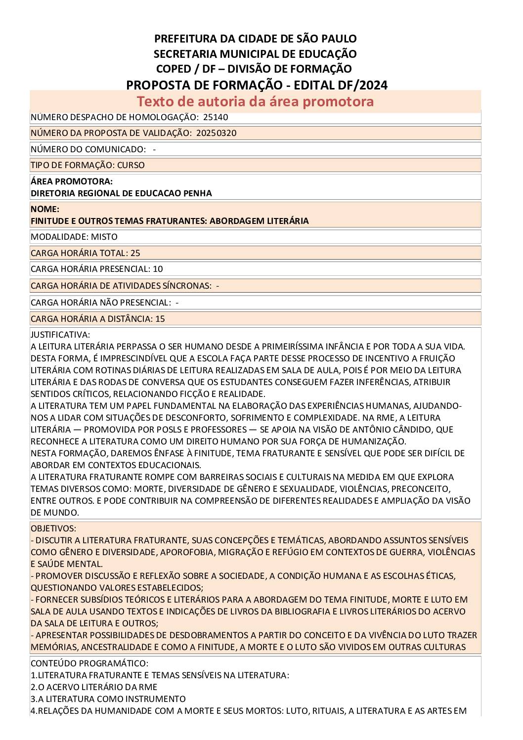 Proposta formativa homologada pela SME.