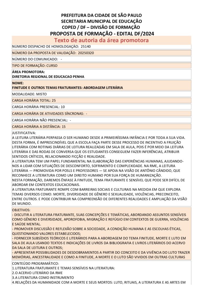 Proposta formativa homologada pela SME.