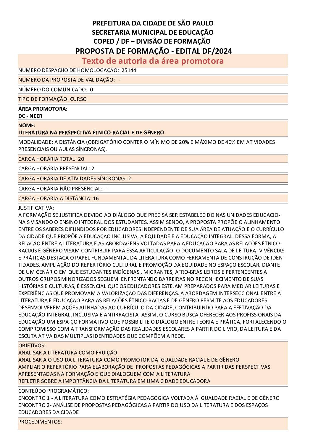Proposta formativa homologada pela SME.