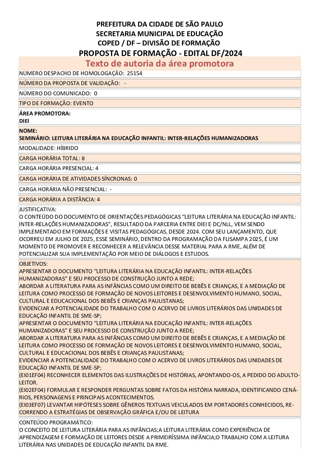 Proposta formativa homologada pela SME.