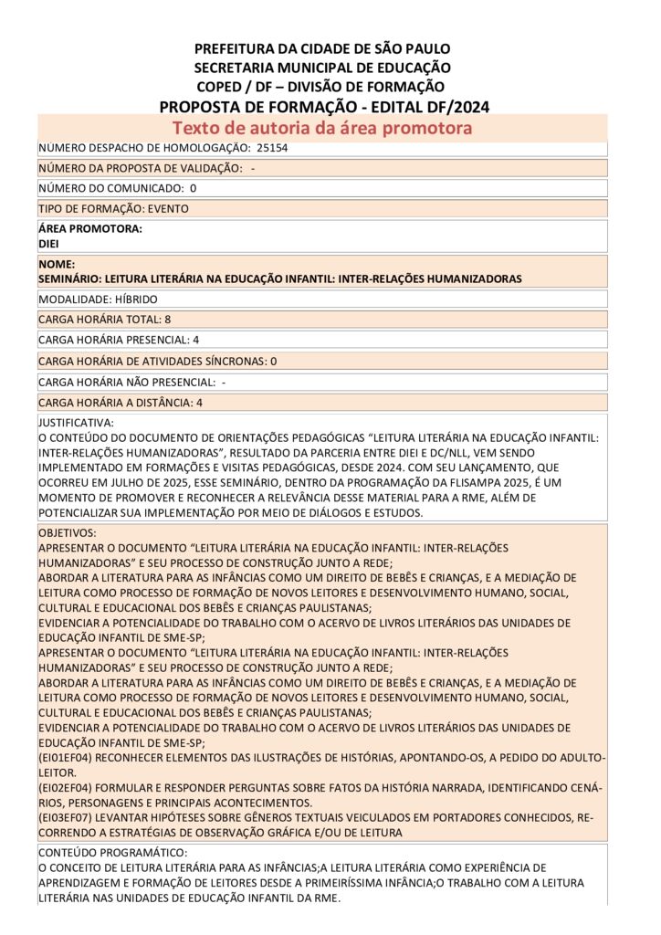 Proposta formativa homologada pela SME.