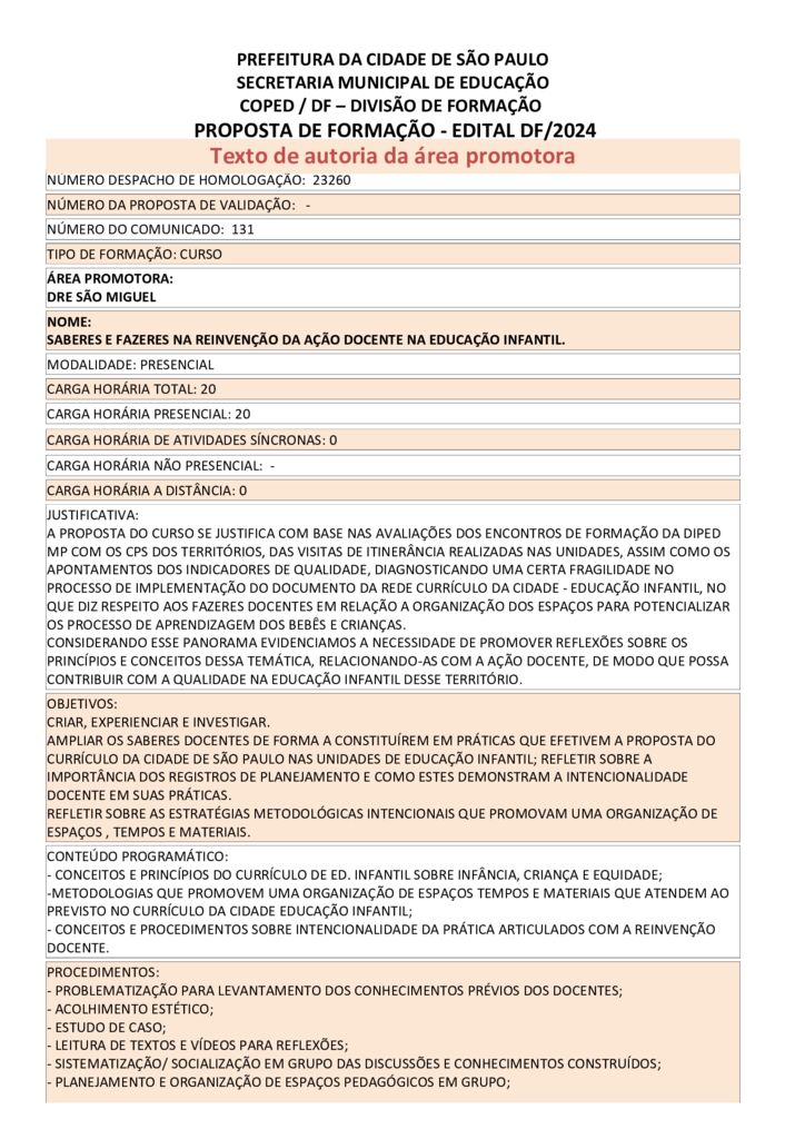 Proposta formativa homologada pela SME.