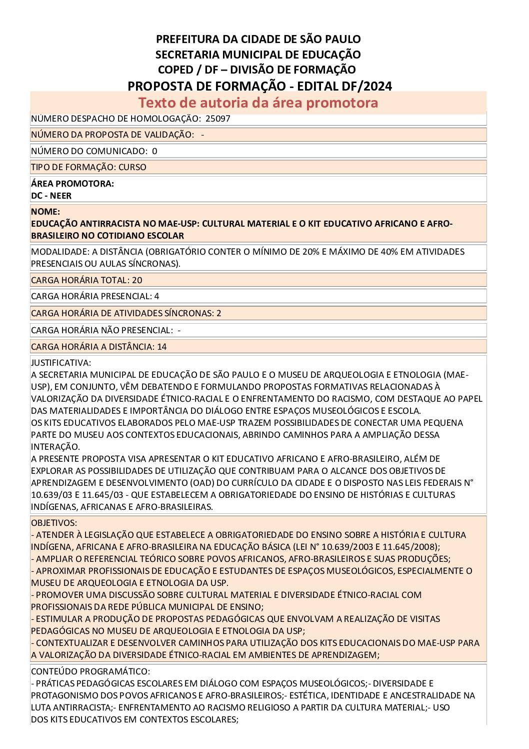 Proposta formativa homologada pela SME.